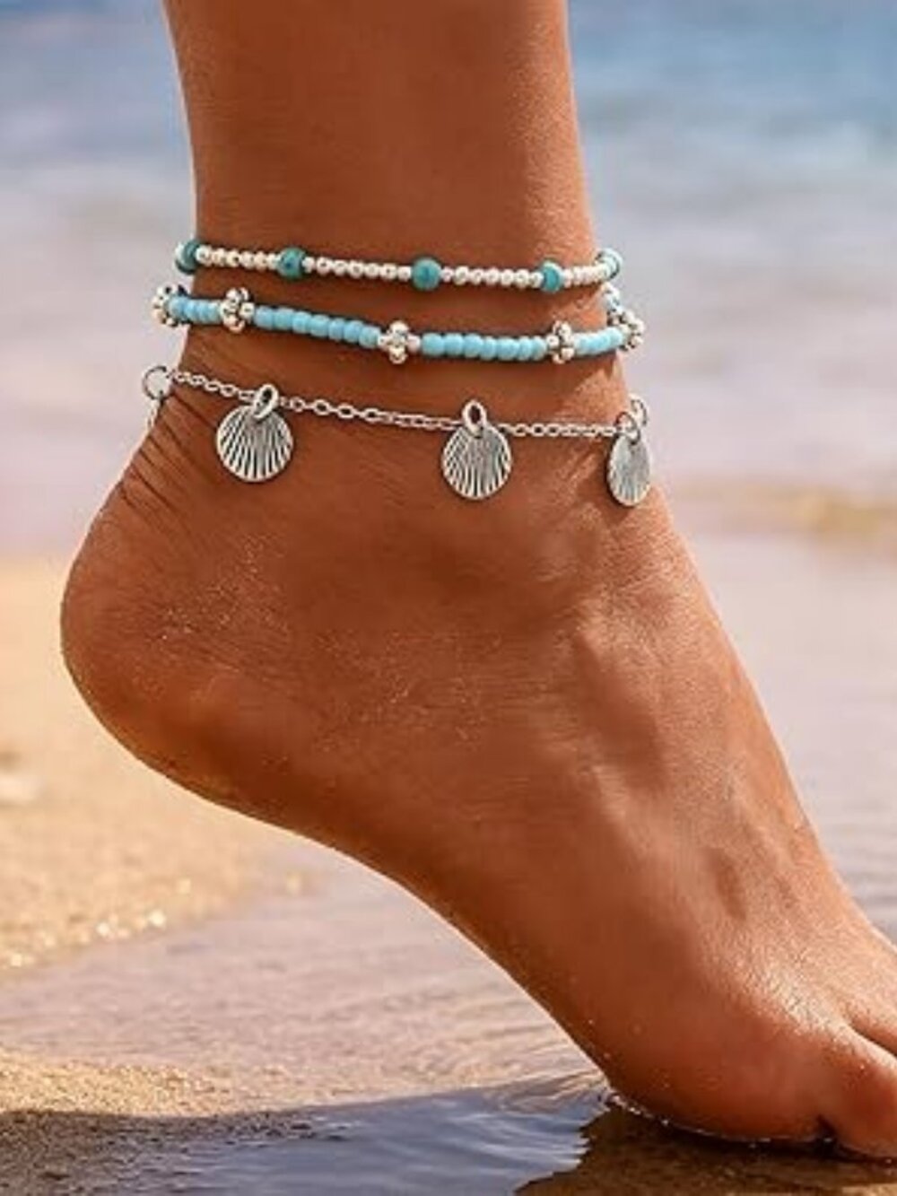 NEW 2 Pcs Silver Shells Beads Ankle Bracelet Anklet Beach Ocean Vacation Summer